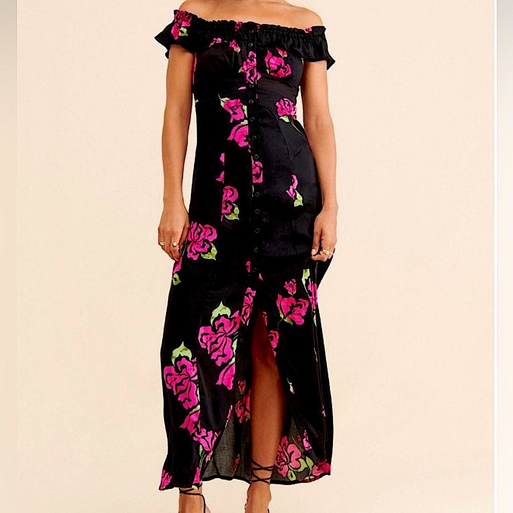 Free People Black Maxi Dress with Pink Floral Design. She’s a Dream Maxi Dress.